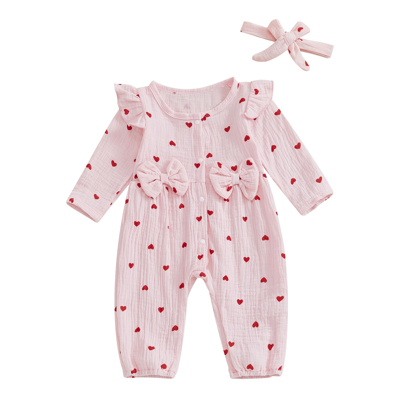 Sasaerucure Infant Baby Girl Valentines Outfit Long Sleeve Heart Jumpsuit Newborn Baby Girl Smocked Bubble Romper + Headband (Pink, 0-3 Months)