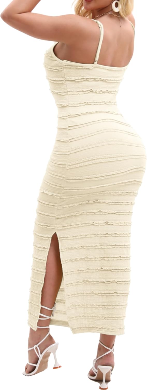 Women's Sexy Summer Bodycon Maxi Dress Sleeveless V Neck Pleated Ruffle Long Dress with Adjustable Spaghetti - Image 2