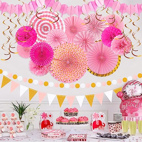 Image of Moon Boat 35PCS Party Decorations Paper Fan Hanging Set - Birthday,Bridal /Baby Shower,Bachelorette,Wedding Decor (Pink)