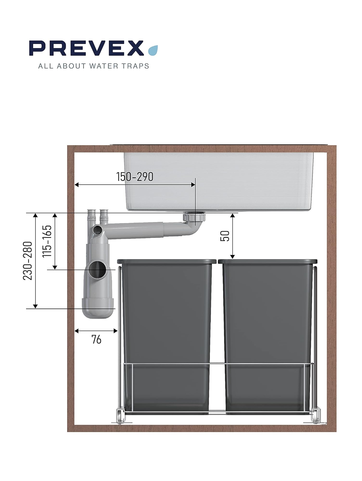 PREVEX Flexloc Siphon, platzsparend, universal, komplett mit 1,5 oder 2 Becken inkl. Ablaufgarnitur, Magnetabdeckung und 2 Überläufen für Küchenspülen/Spülbecken | aus recyceltem Kunststoff | komplett mit 1,5 oder 2 Becken, inkl. Ablaufgarnitur, Magnetabd