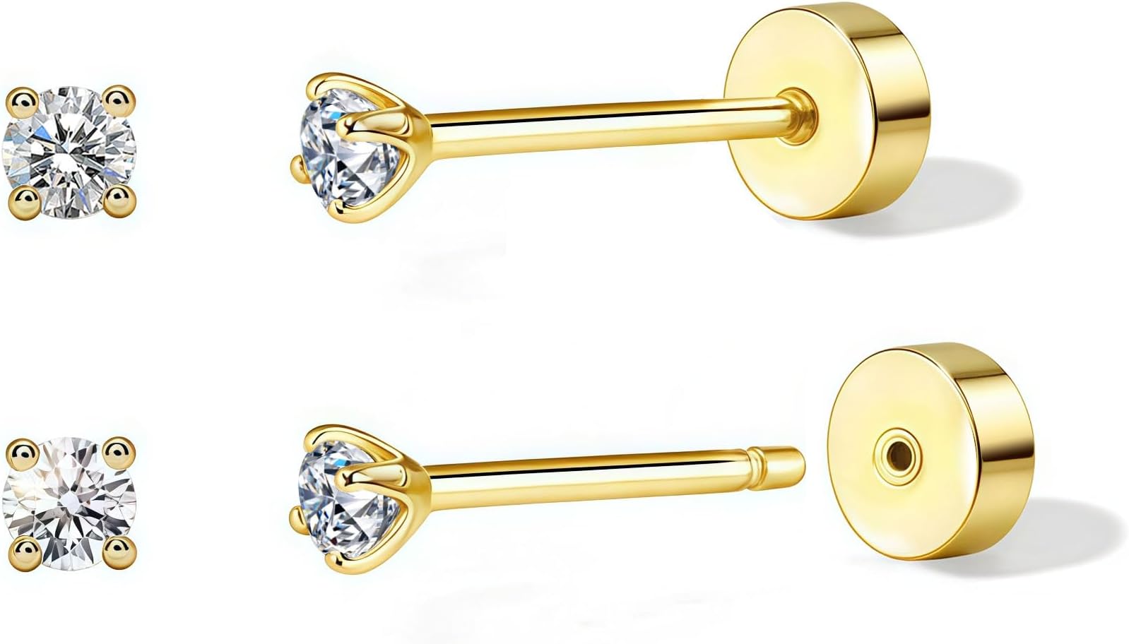 1-5Pairs Flat Back Earrings Set (2-6mm), Push Pin Cartilage Stud earrings for Women, 14K Gold Filled Cubic Zirconia Stacking Earrings Studs, Hypoallergenic Helix Piercing Jewelry, No Screw for Sleeping
