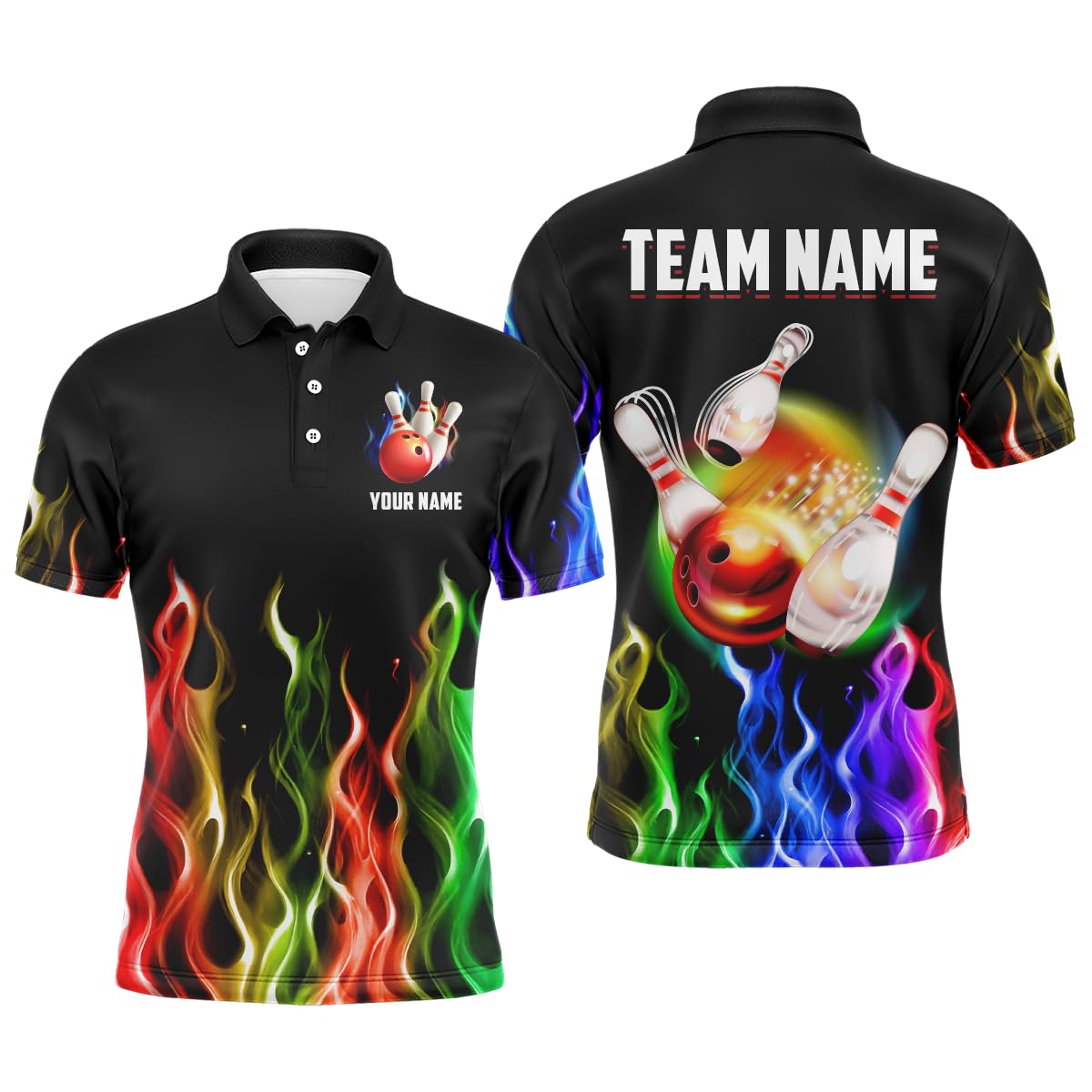 PIONAMZIOZ Rainbow Flame Bowling Jersey Men & Women Personalized 3D Bowling Team Jersey Bowling Polo&Quarter-Zip Shirt BDT114 (Men Polo)