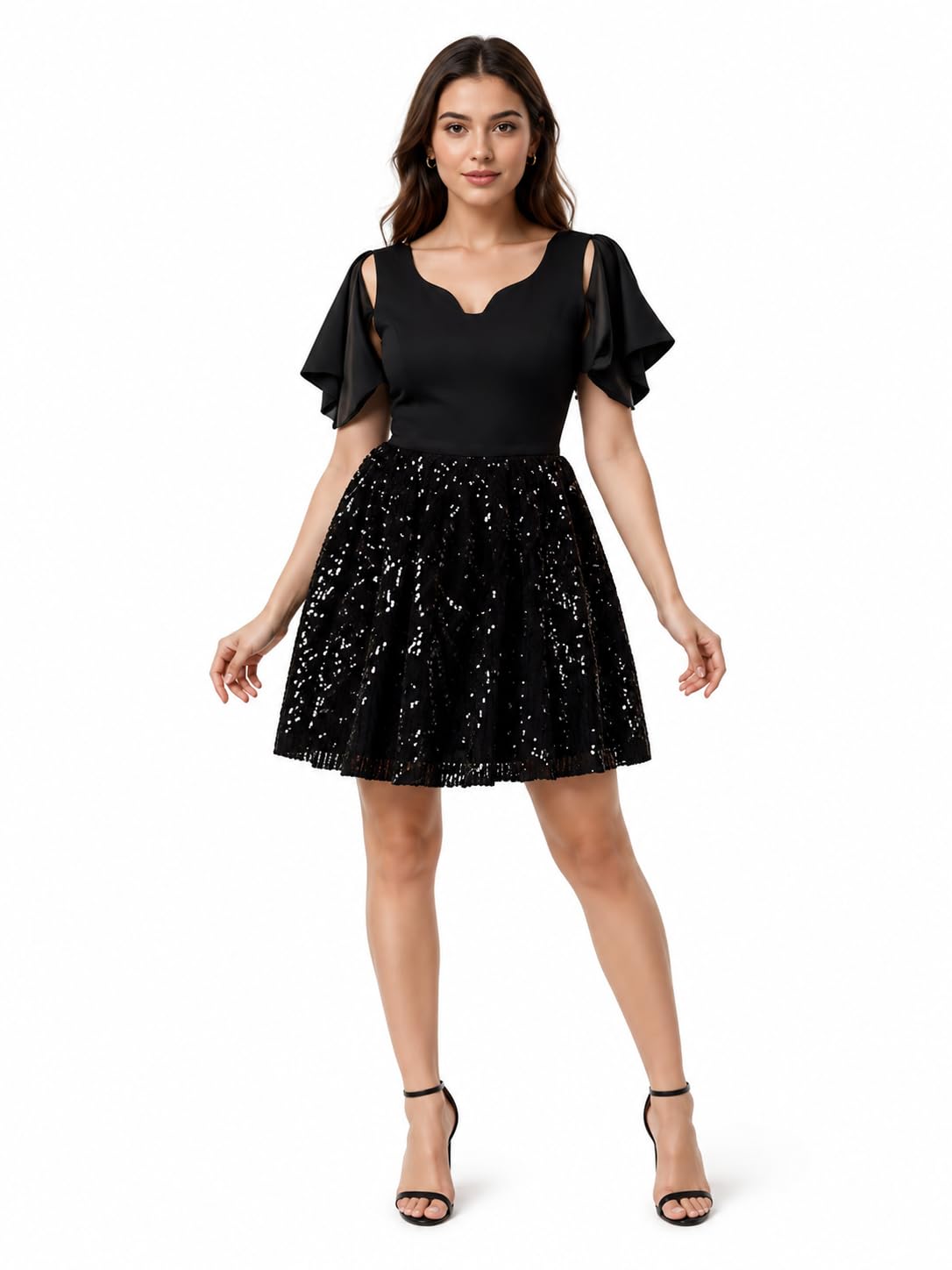 Women's Black Sequin Skirt Fit and Flare Mini Dress-picture-10