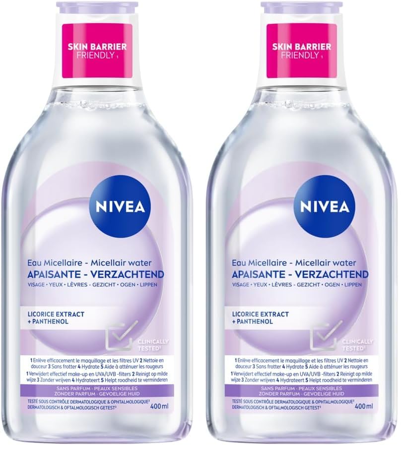 NIVEA Eau Micellaire APAISANTE Peaux Sensibles (1 x 400 ml), démaquillant enrichi aux micelles et acides animés sans parfum, nettoyant visage pour yeux &...