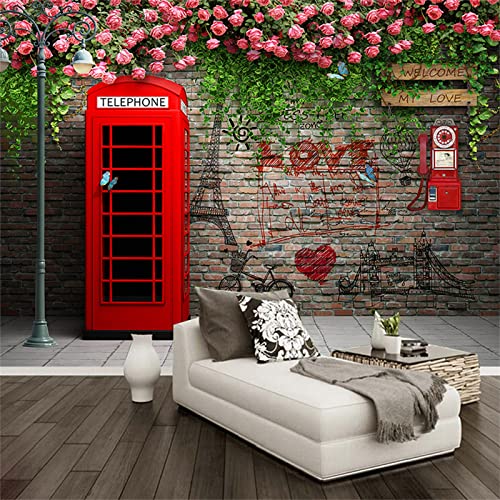 London Phone Booth Rose Wall Mural, Custom Photo Mural Wallpaper, Wall Stickers Good Adhesion Easy To Install For Cafe Restaurant Living Room Background Wallpaper,59"W X 39.4"L #TOP5