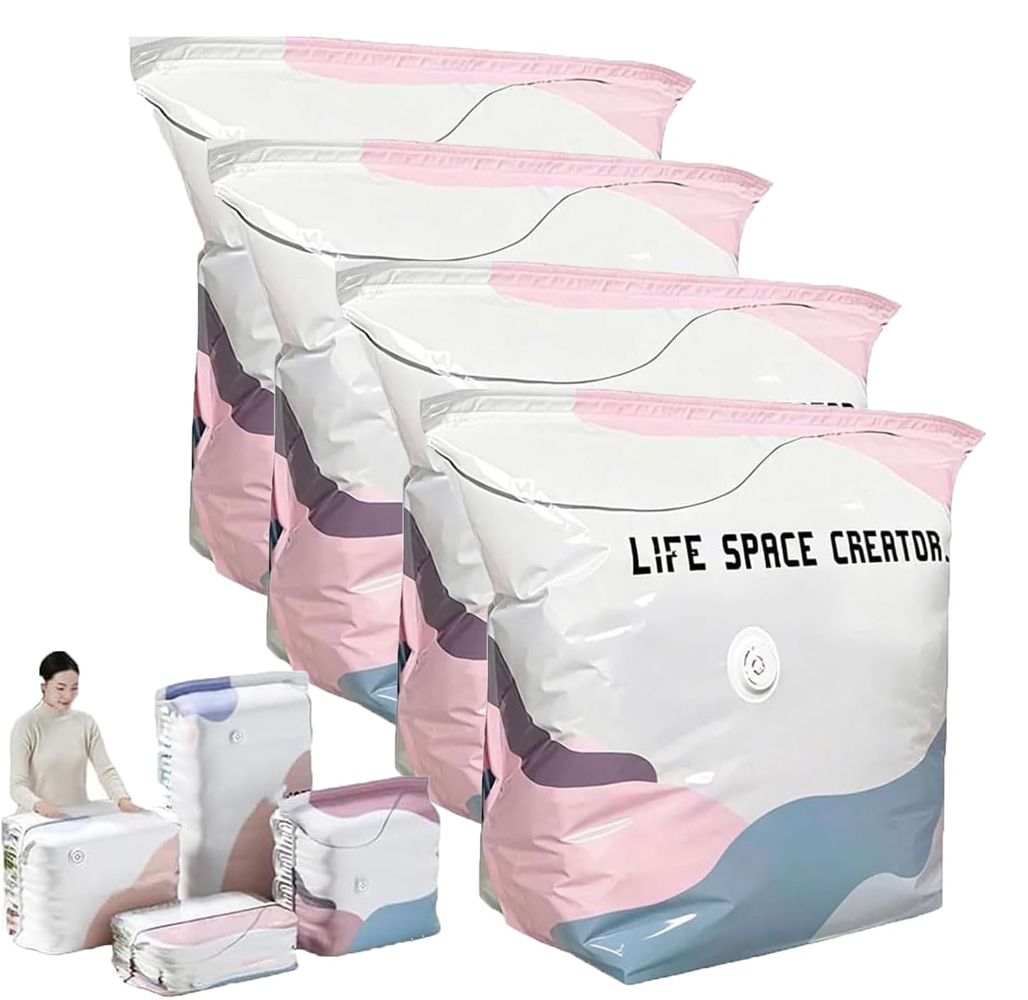 No-Pump 3D Vacuum Storage Bags,3-Sec Fast Compression, Press & seal, Roll-Up Compression, Vacuum Storage Bag, Reusable Vacuum Pack Bags for Clothes Duvet Travel and Home (4PC, M(70 * 50 * 32cm))