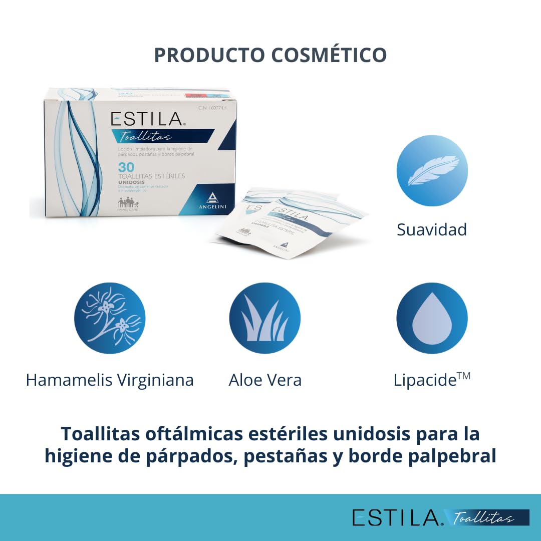 Estila Toallitas oftálmicas - Loción limpiadora para la higiene de párpados, pestañas y borde palpebral - Toallitas desmaquillantes con Aloe vera y Hamamelis - 30 toallitas estériles unidosis