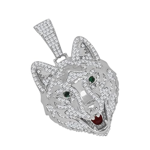 Jewelbooth Real Genuine Authentic Sterling Silver 14K Gold Finish 2.00 Cwt. Simulated Diamond Coyote Wolf Charm Pave Pendant Franco Chain Neckless Set (White Gold Finish) #TOP1