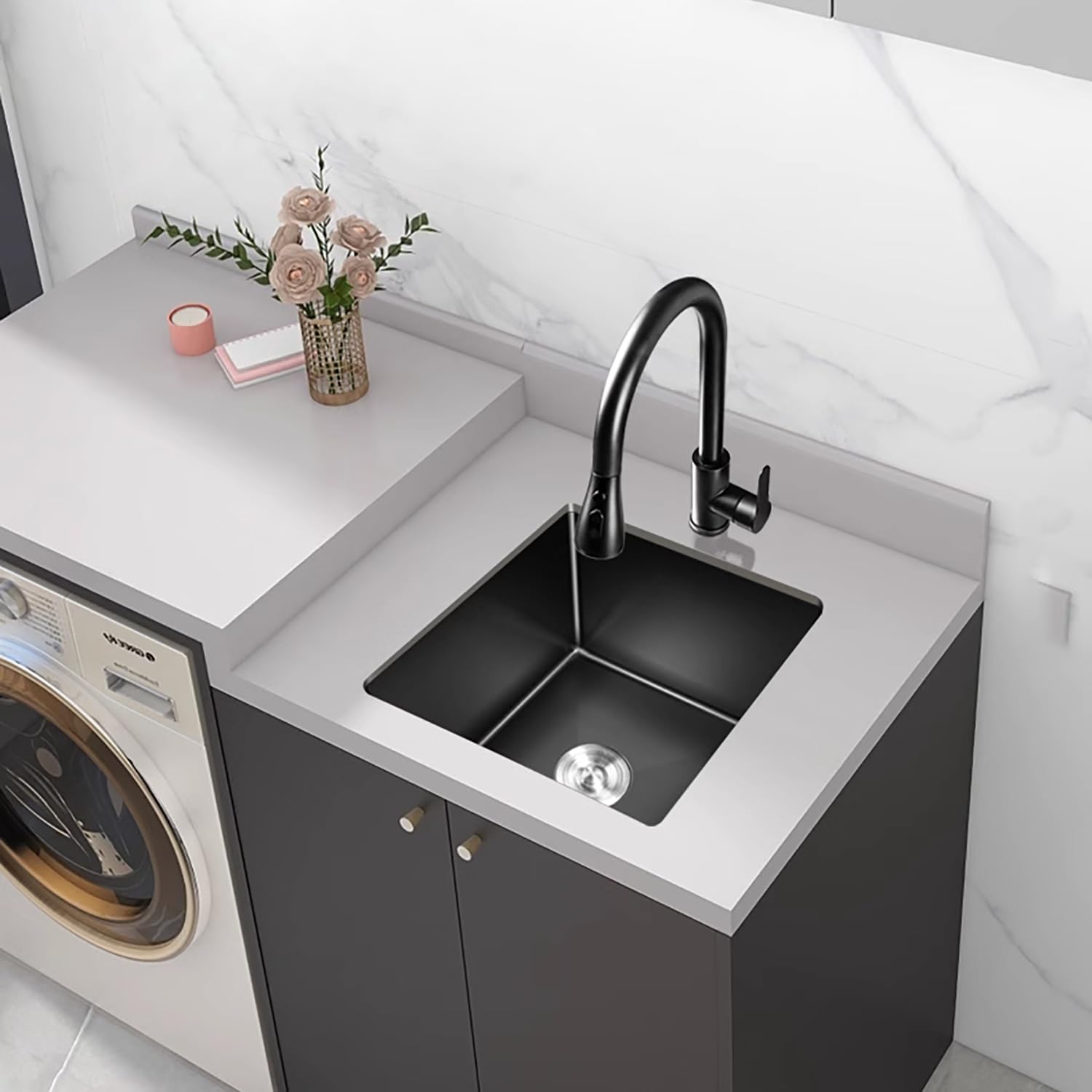 Lavello da cucina in acciaio inox nero 35x50 cm, compatto, da incasso o appoggio, lavello singolo vasca, ideale per piccole cucine, bar, lavanderie e food truck (A, 35x50cm)