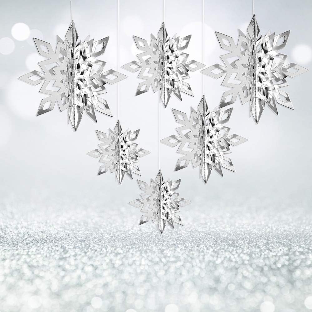 CCINEE 12 Pieces 3D Snowflake Hanging Garland with String for Christmas Winter Wonderland Decorations,Silver
