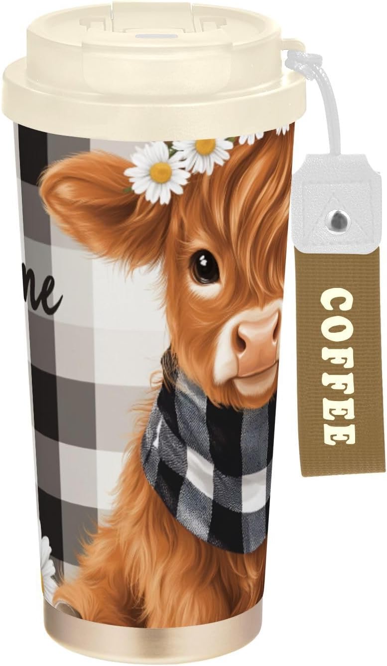 Calf Highland Cow Daisy Insulated Coffee Mug with Straw & Flip Lid, 16.9oz Iced Tumbler Cup, Double Wall Vacuum Leak-Proof Mug for Travel Office
