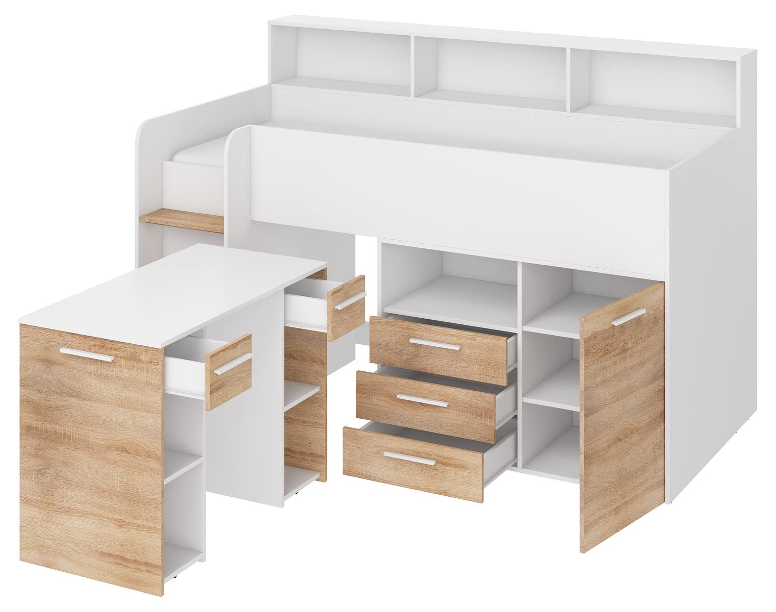 BIM Furniture Lit superposé NEO L pour enfant, ensemble de meubles pour chambre d'enfant, 1 lit avec bureau, étagères, tiroirs: côté gauche