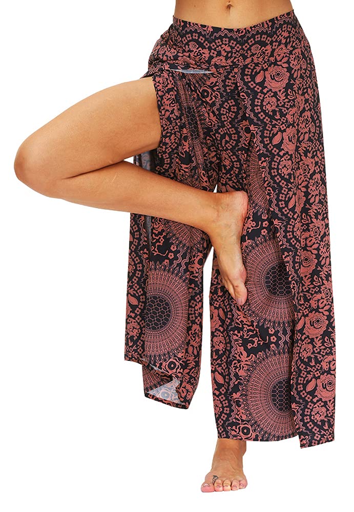 Ainuno Boho Pants Wide Leg Palazzo Pants with Slits for Women Flowy Hippie Pant Thin