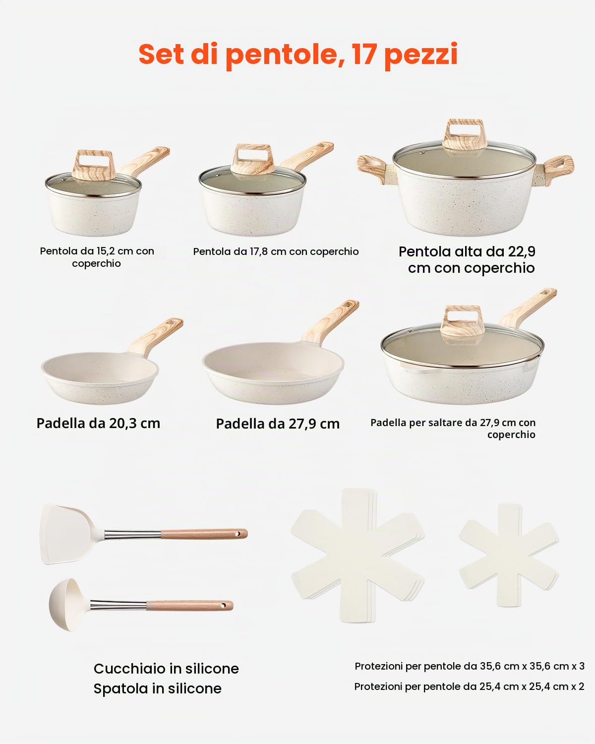 VEVOR Set di Pentole, Padelle Antiaderenti in Granito con Manico, Set di Pentole a Induzione da Cucina per Camper, con Frittura, Coperchi in Vetro Temperato, Bianco, 17 Pezzi