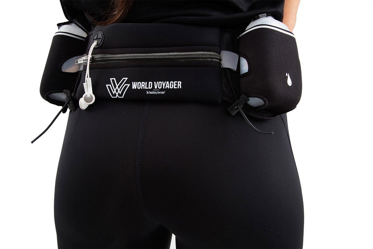 World Voyager Premium Quality No Bounce Runners Hydration Belt with Reflectors, Smartphone Pocket & BPA Free Water Bottles - Black Zipper