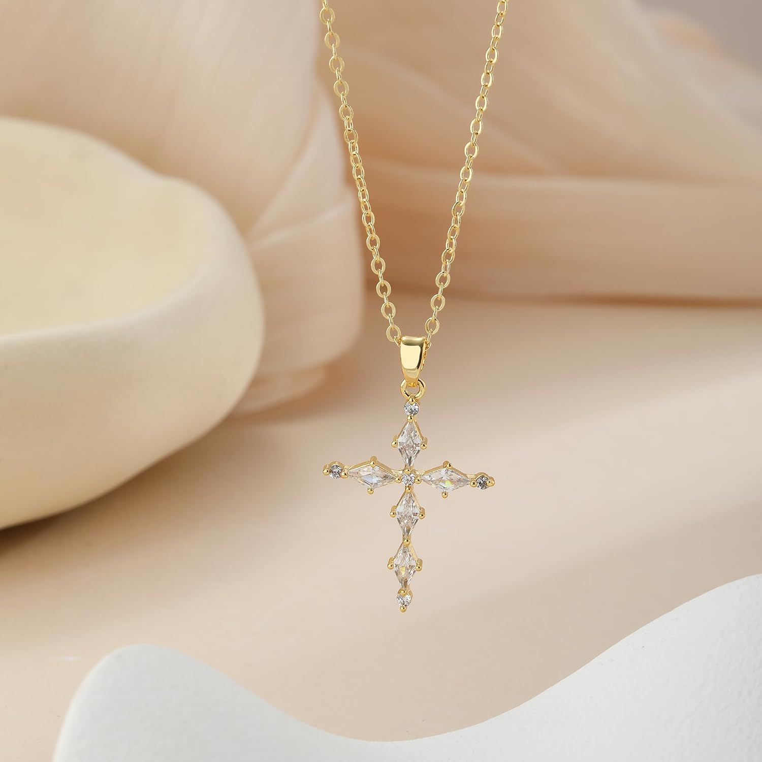 Cross Necklace for Women 14K Real Gold/Silver Plated Dainty Small CZ Cross Pendant Simple Choker Necklace Trendy Cute Sideways Cross Box Chain Necklace Easter Christian Baptism Religious Faith Jewelry Gift - Image 4