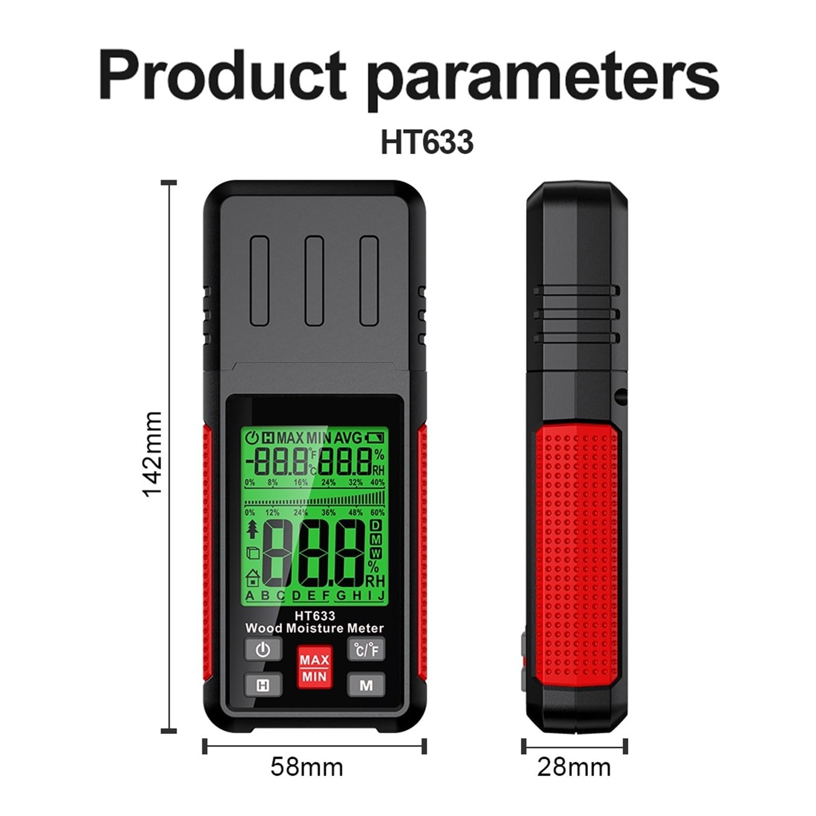 Medidor de humedad HT633 Medidor de humedad de madera digital Profesional 0~57% Higrómetro de madera Herramienta portátil Pantalla LCD Detector de humedad de madera Monitoreo ambiental