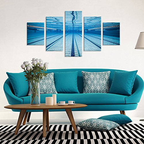 Ihappywall Large 5 Piece Canvas Wall Art Blue Water Swimming Pool Modern Natatorium Sport Gym Stretched And Framed Home Decor Wall Art For Living Room Decor #TOP2