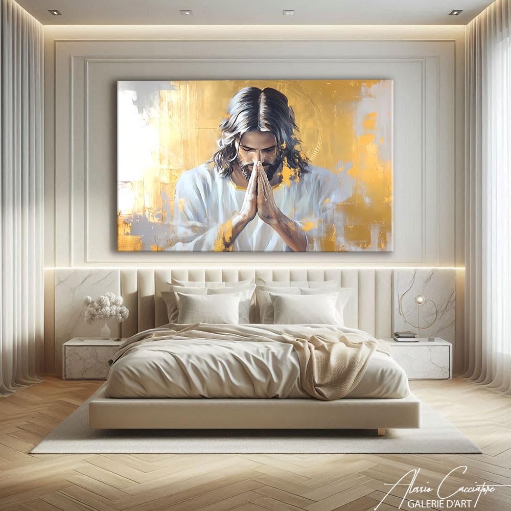 Alessio Cacciatore Cuadro con marco de Jesucristo – Arte mural cristiano – Decoración de pared dorada – Impresión sobre lienzo Zen – Cuadro religioso católico – Decoración de pared espiritual (120 x