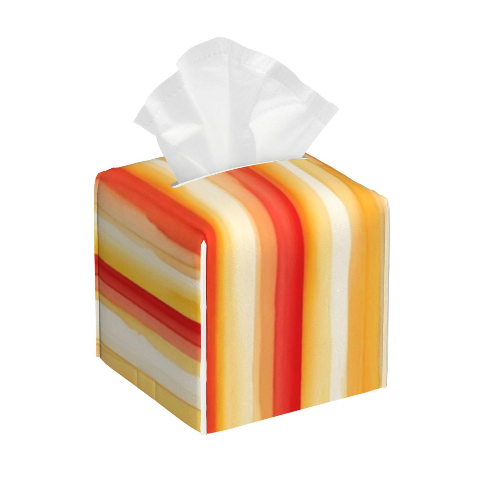 Orange Stripes Tissue Box Cover 5" Square Leather Tissue Holder Facial Tissue Case for Tabletop Bedroom Bathroom Desk Decor