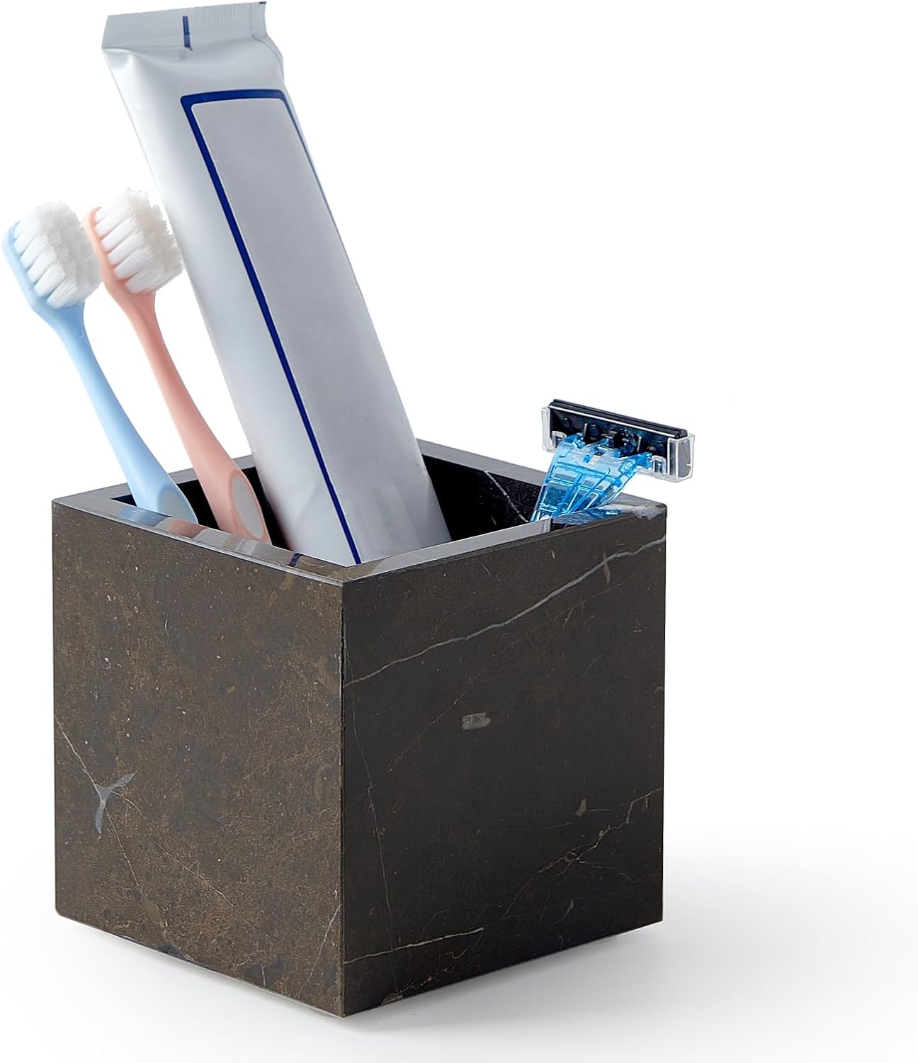 Real Luxurious Natural Marble Toothbrush Holder & Makeup Brush Organizer & Pen Holder for Desk,3.93inch Square Marble Utensil Holder Non-Ceramic/Non-Resin （Brown）