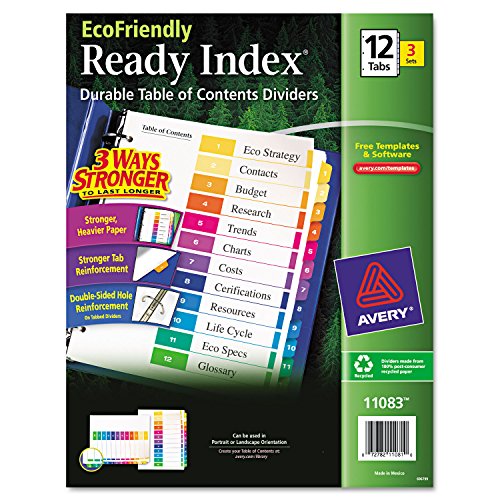 AVERY Consumer Products Products - Table of Contents Dividers, 12-Tab, 3/PK, Multi - Sold as 1 PK - Eco-Friendly Index dividers are Made with 100 Percent Recycled Paper.
