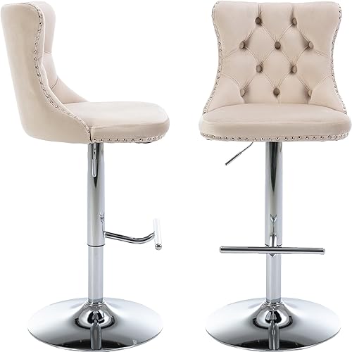 Miniatura 51 de Juego de 2 taburetes de bar giratorios de terciopelo, altura ajustable de 25 a 33 pulgadas, taburetes de bar con respaldo, sillas de bar para altura