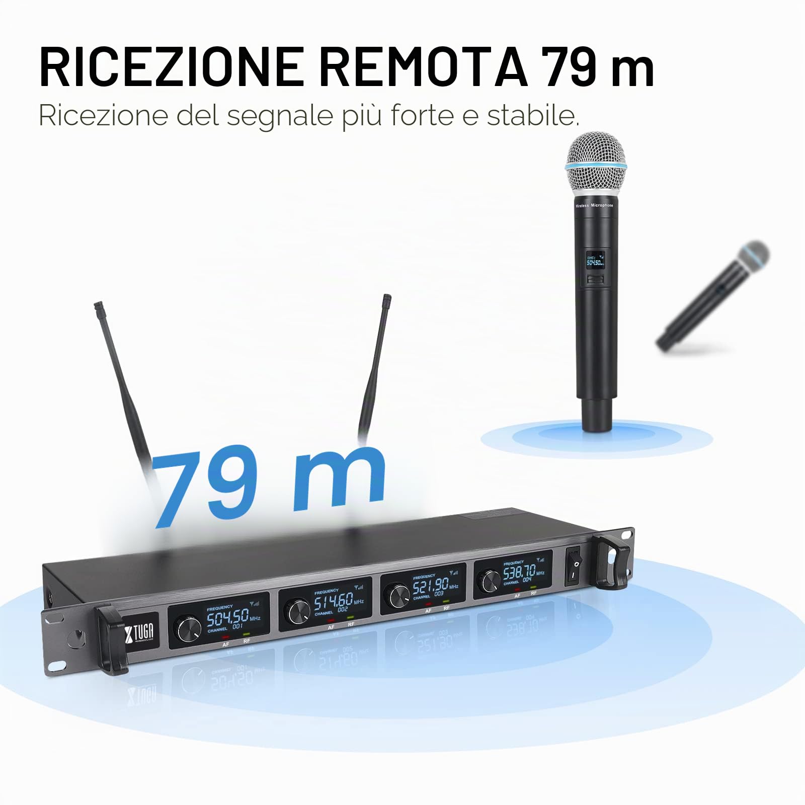 XTUGA A140,Sistema di microfono wireless, 4 canali UHF senza fili con quattro microfoni palmari, struttura interamente in metallo, frequenza fissa, ideale per chiesa, karaoke (4 palmari)