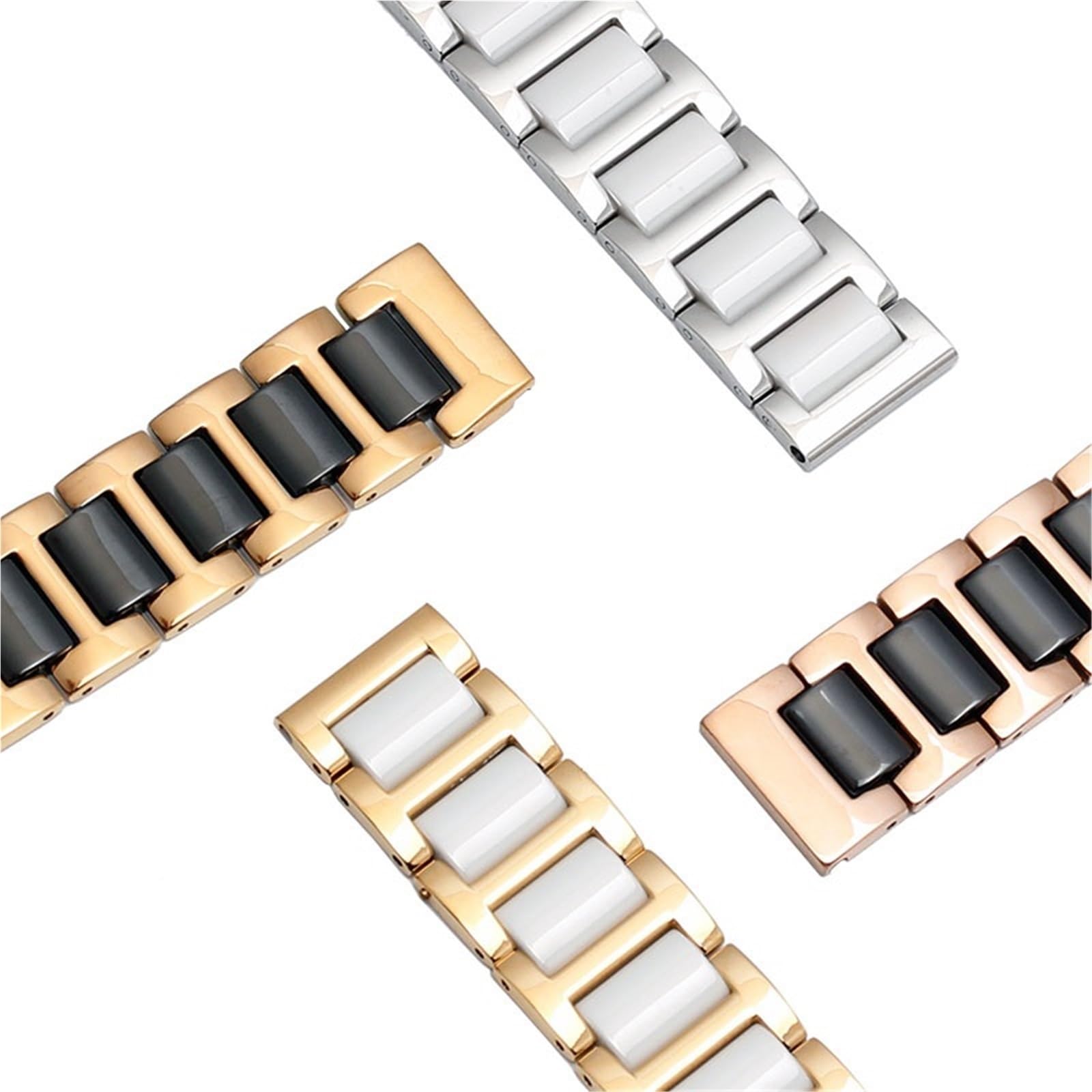 Correa de Reloj de cerámica para Hombre y Mujer, Correa de Reloj de Acero Inoxidable combinada (Plata Blanca, 19 mm)