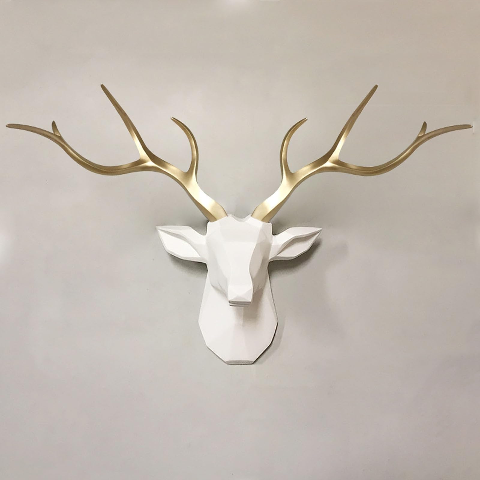 YUZDNM Large artificial resin deer head sculpture, wall decoration, animal head, geometric replica, wall decor, deer head with antlers(#f)