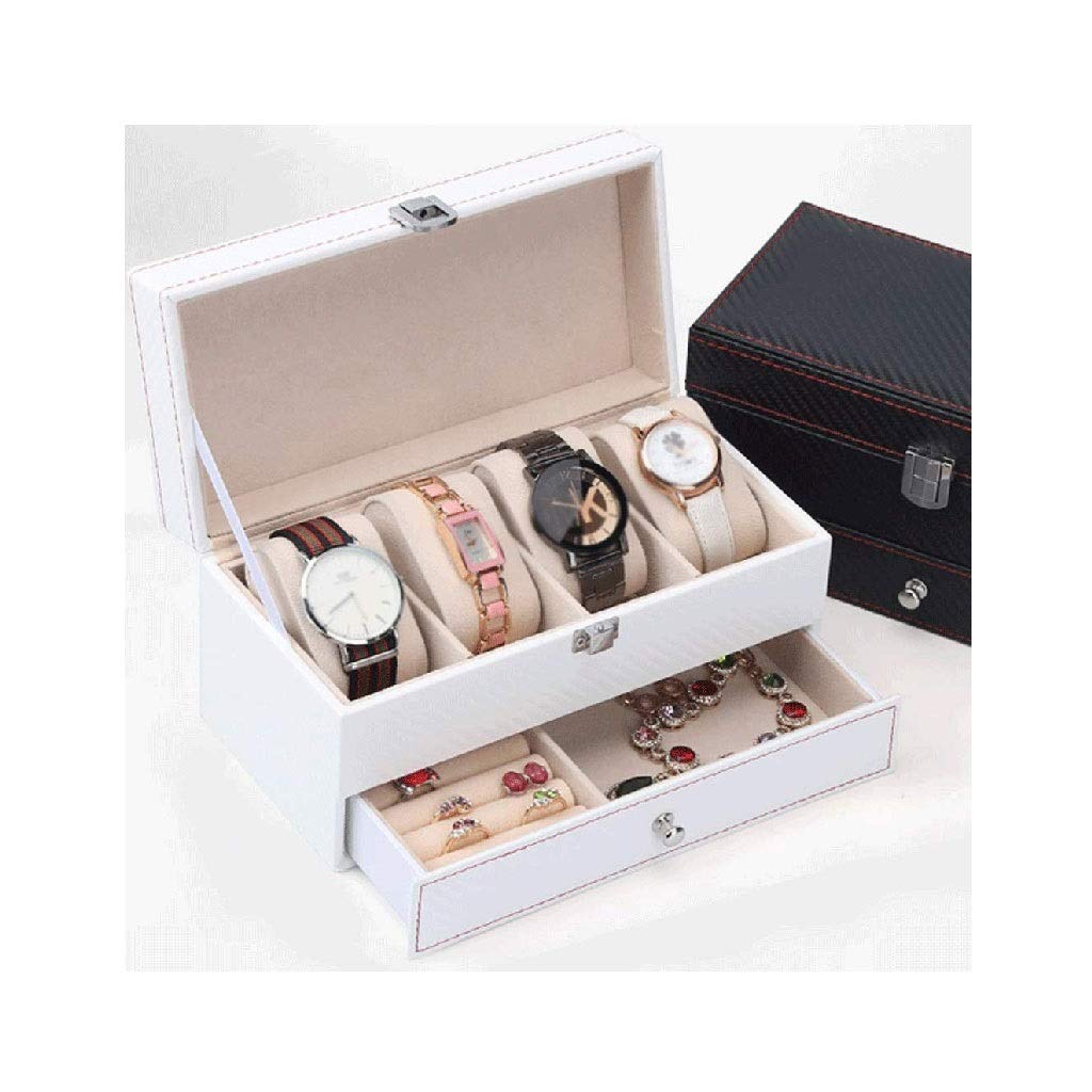 Schmuckschatulle – Uhrenbox-Organizer mit Valet-Schublade – Metallscharnier, Karbonfaser-Design, Weiß, Schwarz Present