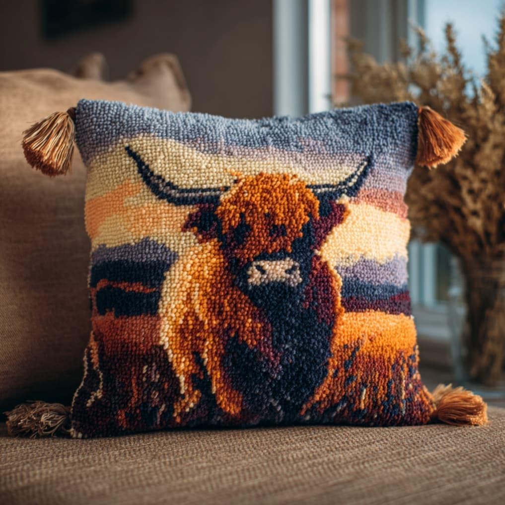 Taxpy Latch Hook Cushion Kits Highland Cattle Pillowcase Kits Embroidery Kit 17X17 Inch DIY Needlework Pillow Cover Sofa Cushion Rug Making