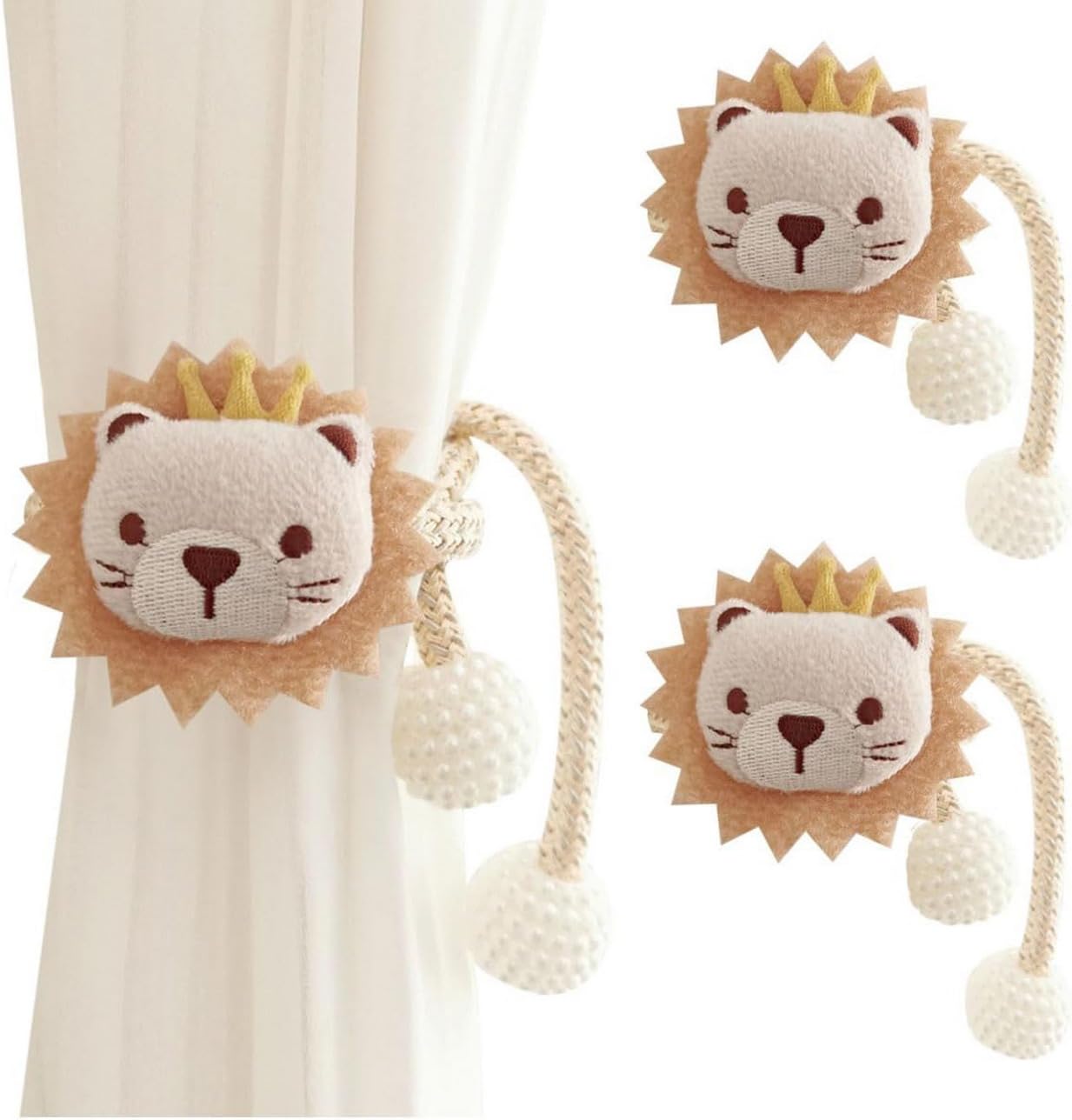AOOPOO 2 PCS Curtain Clips Tie-Back Rope, Cartoon Animal Curtain Tie-Back, Cute 3D Lion Crocodile Fruit Curtain Tie-Back With Bead Ball, Curtain Hook Rings Clouds For Children'S Room Decoration — image 1