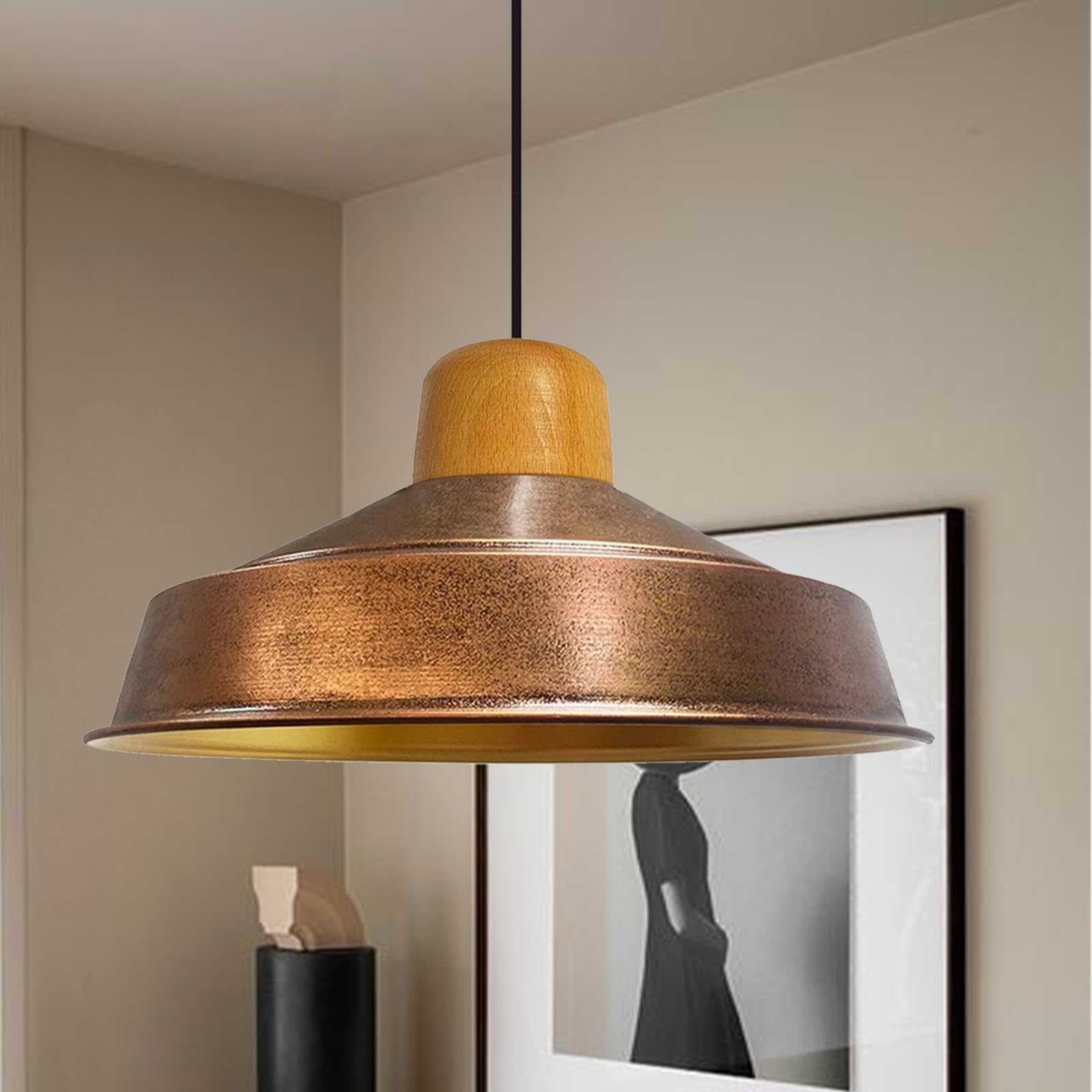 bamyum Asletl Industrial Wooden Ceiling Pendant Light, 41cm Lampshades, Ceiling Lamp and Kitchen Island Light Metal, Hanging Lamp Dining Table, E27 Living Room Dining Room Lights, Colour Copper