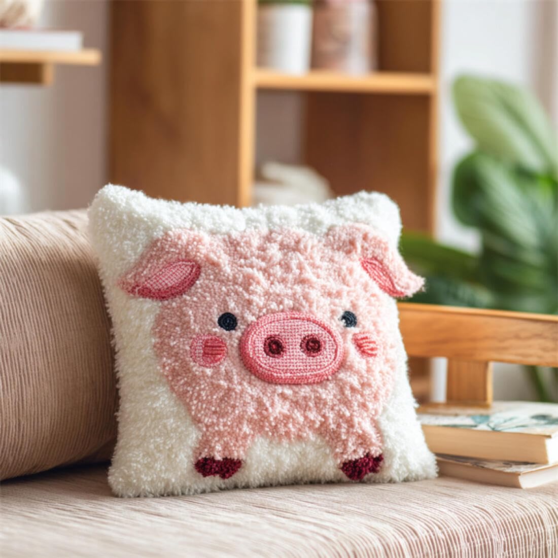 Kitquiver Animal DIY Latch Hook Kit Cartoon Pig DIY Latch Hook Rug Kit for Beginners Embroidery Cushion Canvasfor Adult Beginners 17x17In