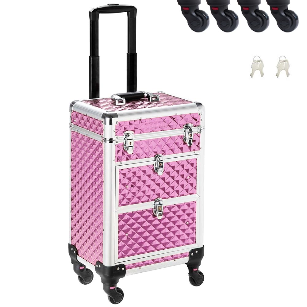BAKAJI Trolley Make Up Professionale, Beauty Case Estetista Portatile, Valigia Porta Trucchi con Trama Oleografica a Triangolare e Ruote Staccabili, Valigetta Organizer Makeup Viaggio (Rosa)