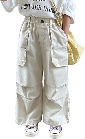 ACESTAR Girls Parachute Pants Elastic Waistband Wide Leg Pants Kids Ruched Baggy Cargo Pants for Girls 3-10 Years
