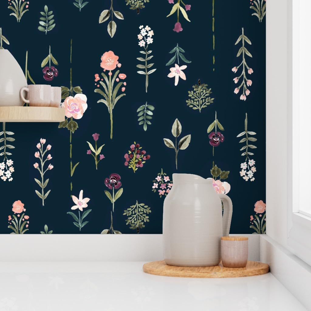 Removable Wallpaper 3ft x 2ft - Flower Midnight Floral Vintage Rose Blush Sage Custom Pre-Pasted Wallpaper by Spoonflower