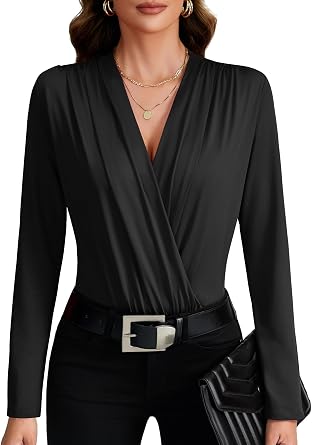 LYANER Womens Wraped V Neck Ruched Long Sleeve Leotard Bodysuit Top