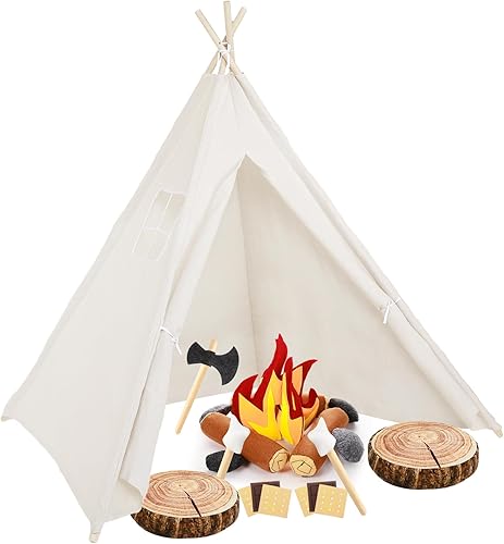 Kigley Juego de 24 piezas de juegos de campamento con tienda de campaña de tipi, juguetes de fieltro falsos de estilo de madera, cojín de almohada