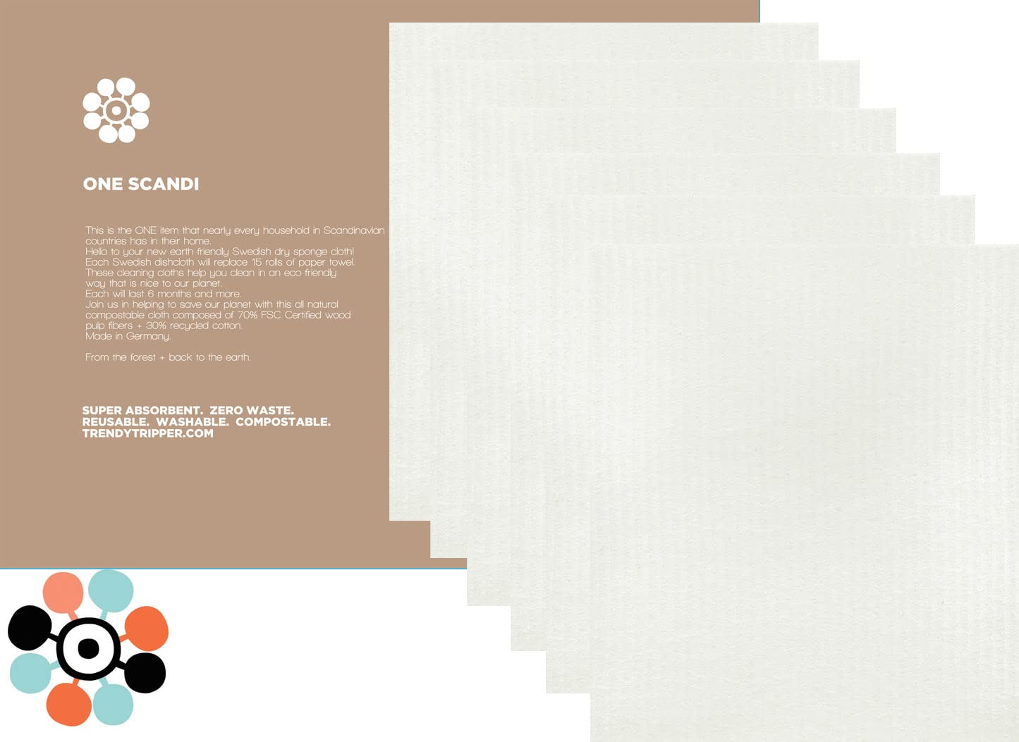 Trendy TripperEarth-Friendly Reusable COMPOSTABLE ECO Sponge Cloth | AKA Swedish Dishcloths | Reusable Dishcloth Made in Germany (6-Pack, 6-Pk Natural)