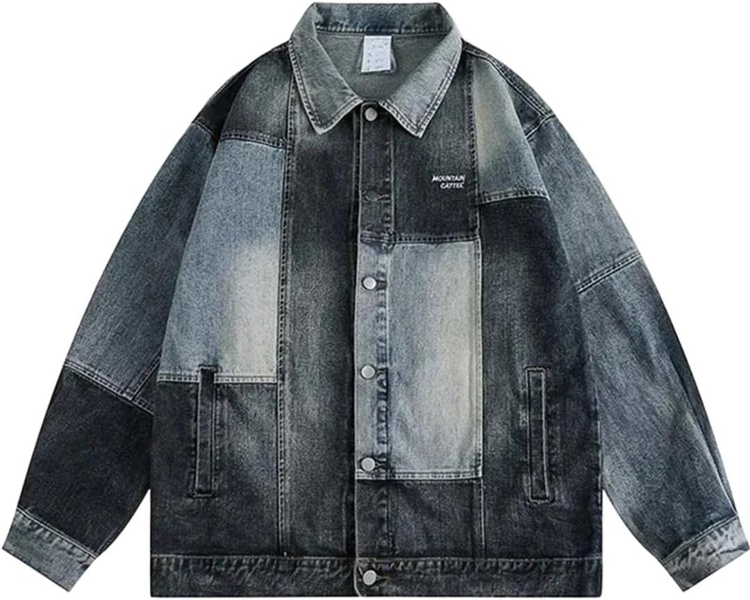 Men Vintage Embroidered Denim Jacket Patchwork Outerwear Loose Jean Jacket