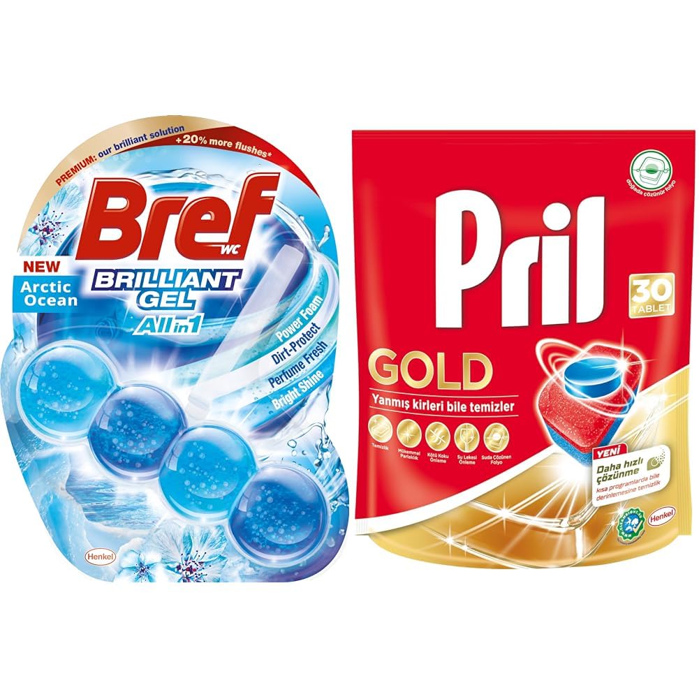 Bref Brilliant Jel Okyanus Single pack Deterjan 1 Paket (1 x 68 g) + Pril Gold Yanmış Kirler için 30 Tablet Bulaşık Makinesi Deterjanı Tableti (1 x 30 tablet)