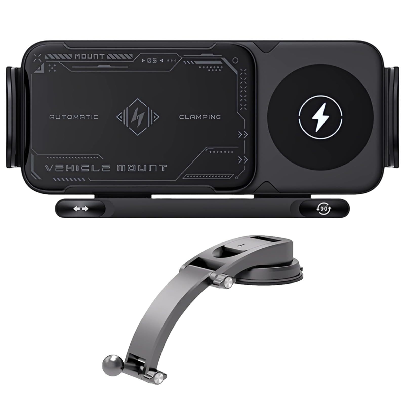 Supporto per caricabatterie da auto wireless per telefoni pieghevoli, ricarica rapida da 15 W, con forte forza di attacco, rotazione automatica, braccio elettrico, cruscotto/ventilazione, universale