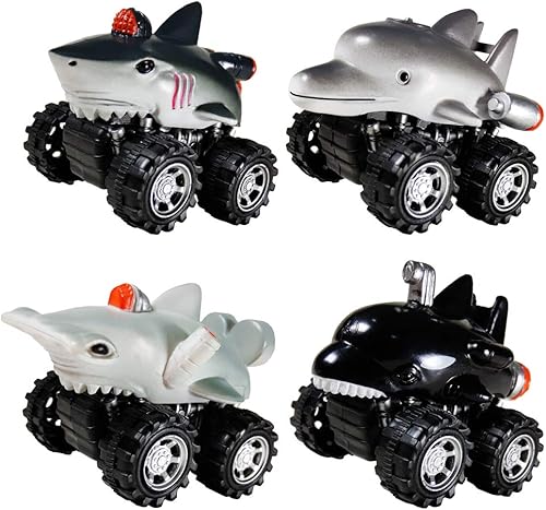 DINOBROS Juguetes de tiburón, autos de tracción para niños y niños pequeños, paquete de 4 unidades, camión de animales marinos, juguete de delfín,