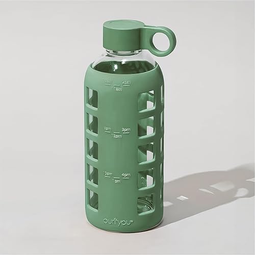 Miniatura 9 de Botella de agua Purifyou de cristal de 322212 onzas, con marcador de tiempo y funda gruesa de silicona, tamaño grande de 1 litro o tamaño para niño,
