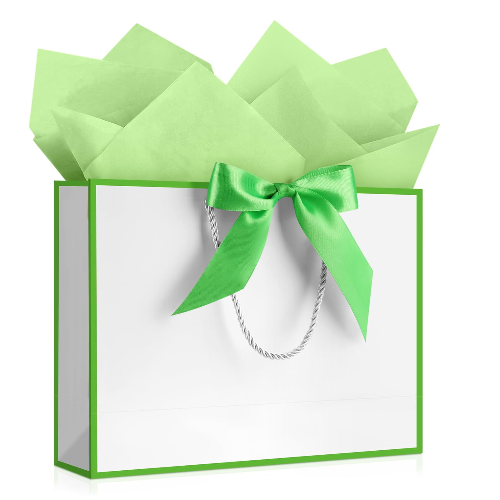 YoungTree White Gift Bag with Tissue Papers and 1 Greeting Card Ribbon, Portable Paper Gift Bag with Handles,Birthday Gift Bags,Present Bags for Wedding Party Supplies,12.6" x 9.8" x 4.3"(White-Green) — image 1