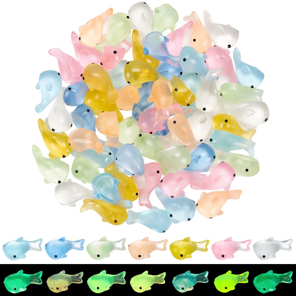 SUNNYCLUE 1 Box 70Pcs 7 Colors Miniature Resin Sharks Glow in the Dark Sea Animals 3D Luminous Summer Ocean Animal Shark Mini Figure Decoration for Dollhouse Garden Micro Landscape Aquarium Fish Tank
