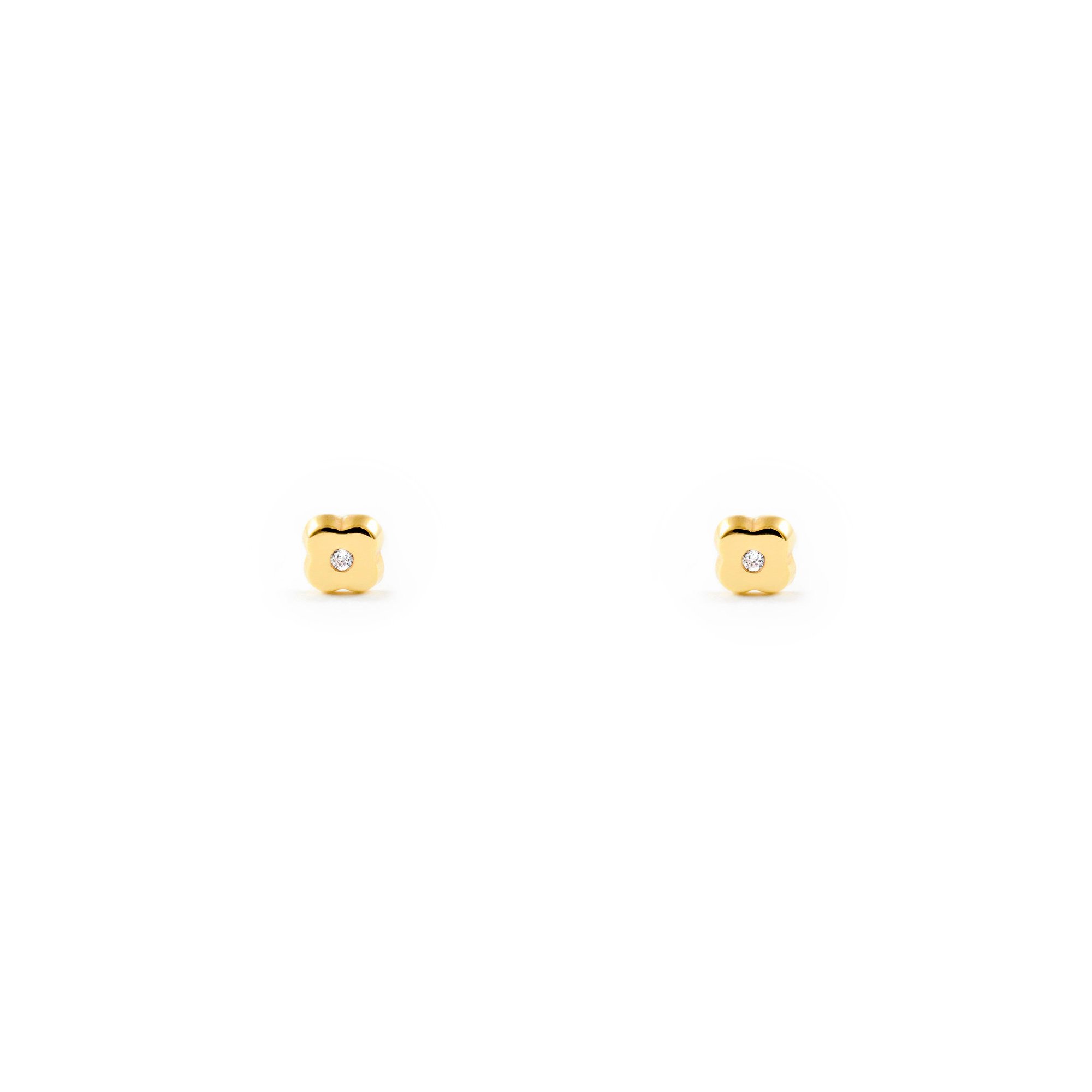 Monde PetitPendientes Bebe Oro primera postura trebol 4 hojas circon(9kts) - Estuche Regalo - Certificado de Garantía - Mondepetit