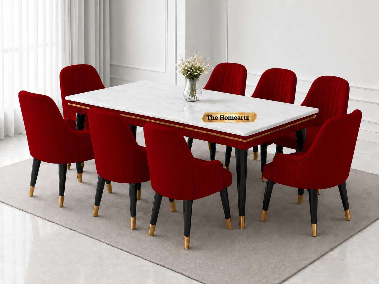 The Homeartz Elara Modern Dining Table Set 8-Seater Wooden Dining Table Set | 2 Year Warranty | Nano Composite Marble Marble Top Table with 8 Chairs (Maroon)